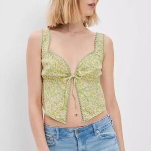 American Eagle Green Floral tie crop tank top